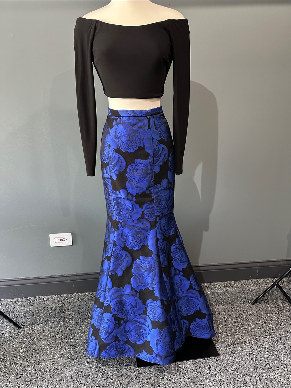 Xscape - Black and Royal Blue Floral Prom Dress